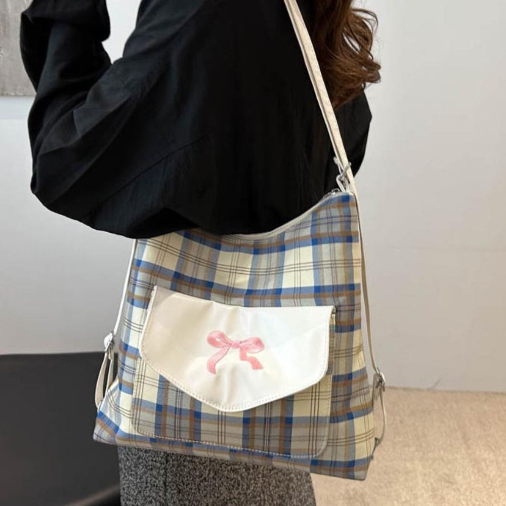 Fashion Korean Style Bowknot Shoulder Bag Sweet Large Capacity Lattice Tote Bag Elegant Adjustable Strap Student Backpack Female