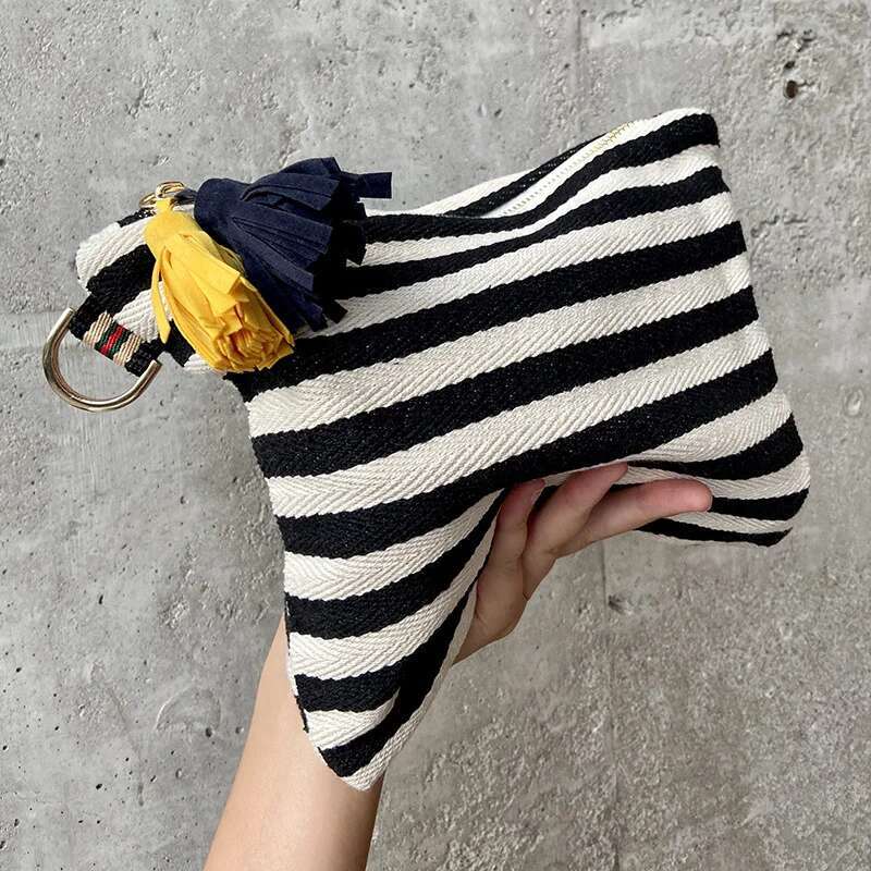 Women Striped Makeup Organizer Korean Tassel Cosmetic Pouch Necesserie Travel Toiletry Bag Canvas Beauty Case