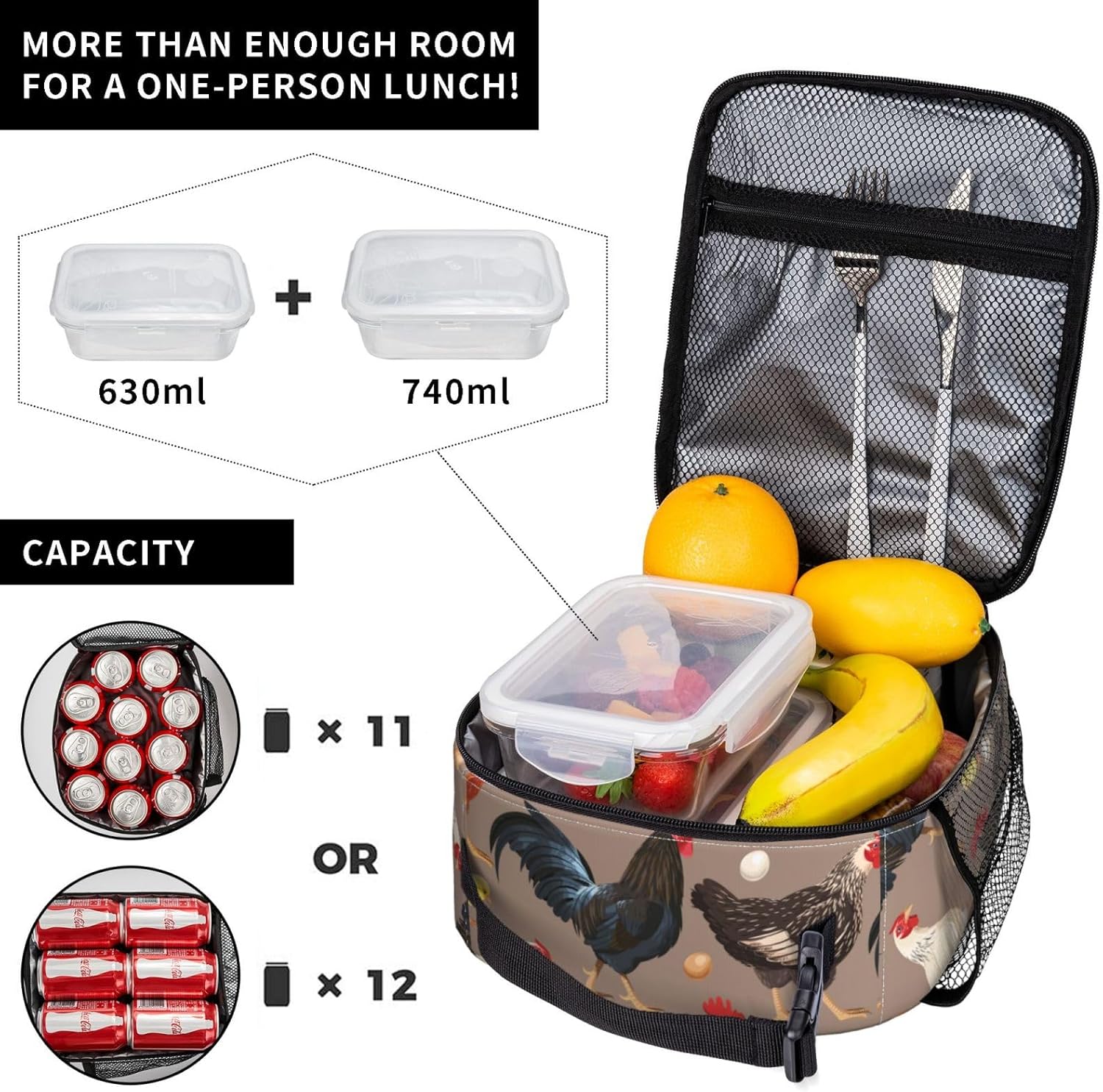 Chicken Lunch Box for Work Picnic School Travel Hiking Beach or Fishing Polyester Animal Chicken Theme Lunch Bag