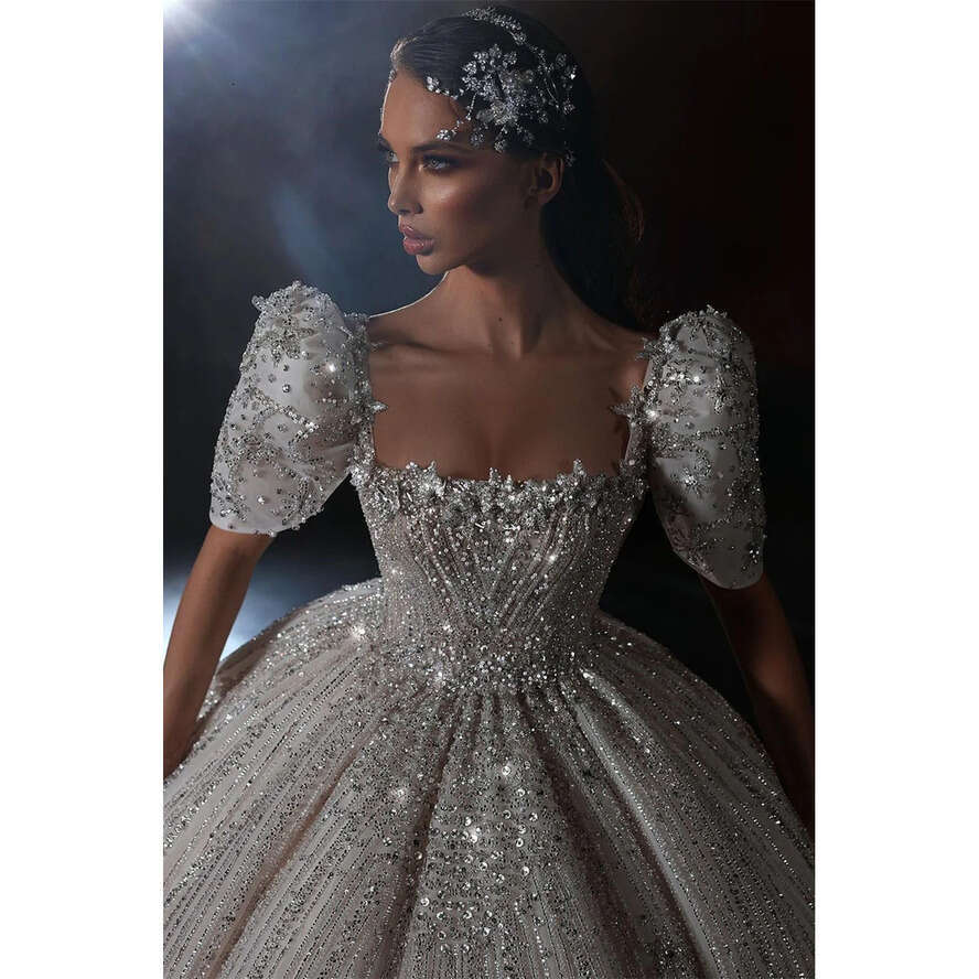 Bride Sparkly Crystal Sequins Dresses Shiny Rhie Square Wedding Dress 2024 Court Train