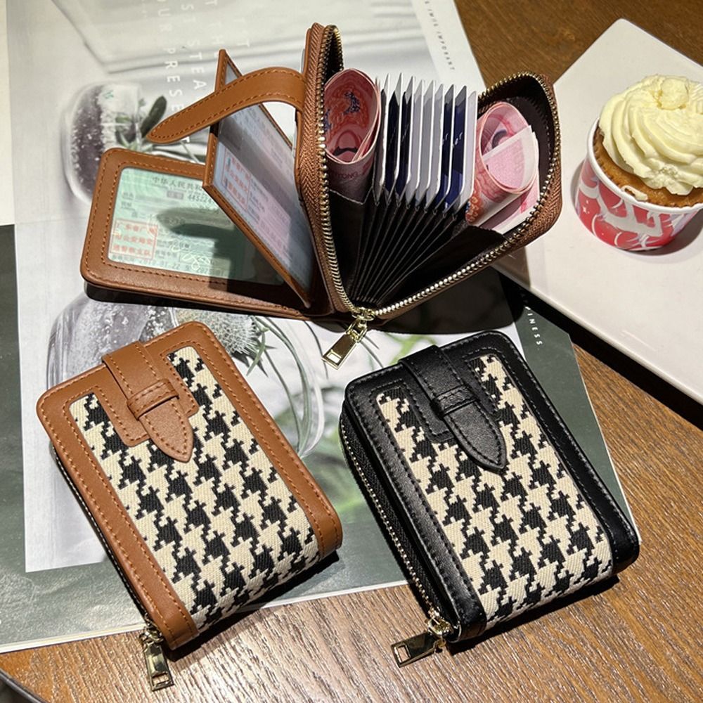 Lattice Plaid Canvas Coin Purse Wallet PU Leather Zipper ID Credit Card Holder Card Case Card Access Control