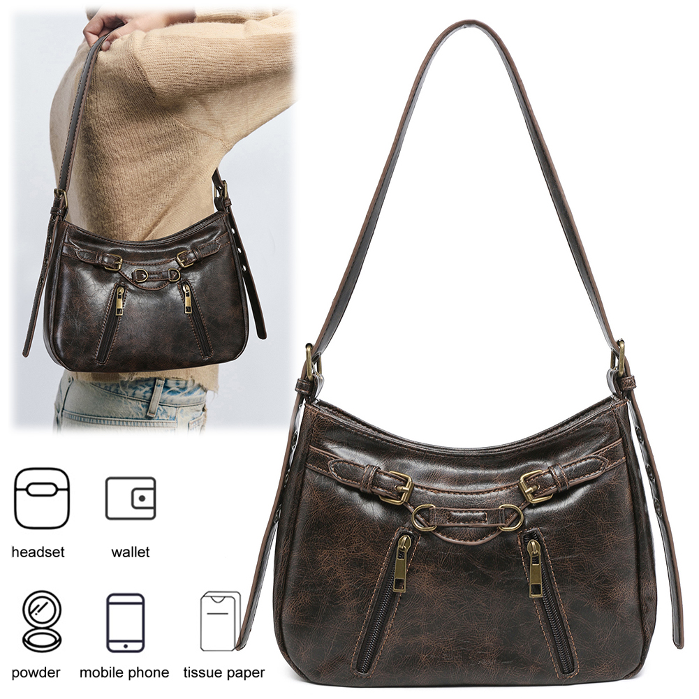 Shoulder Bag for Women Y2K Handbag PU Leather Adjustable Strap Hobo Bag with Zipper Clutch Purse for Work Travel
