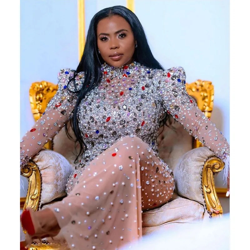 Sparkly Colorful s Transparent Dress Prom Evening Sexy See Through Multicolor Crystals Costume Birthday Fether Sleeves 240327