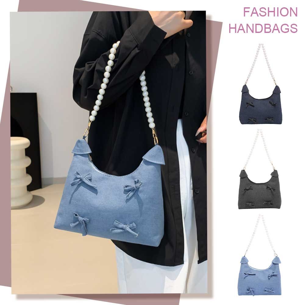 Denim Shoulder Bag Bowknot Women Crescent Bag Pearl Decor Chain Strap Tote Purse for Work Travel