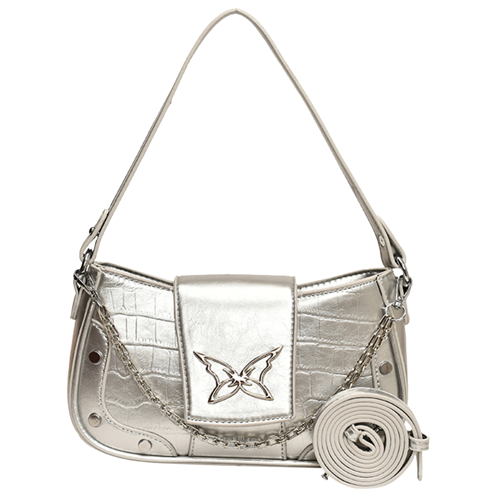 Women PU Leather Crossbody Bag Butterfly Pattern Y2k Handbag with Chain Hobo Bag Adjustable Strap Satchel Purse for Work Travel