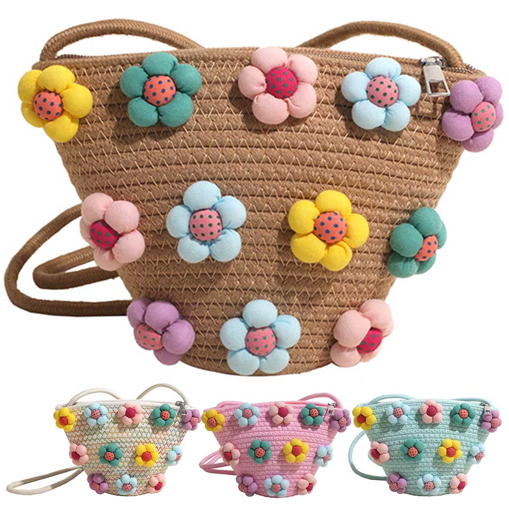 Sweet Flower Woven Bucket Bag Fashion Beach Bag Summer Shoulder Bag with Zipper for Women and Girls
