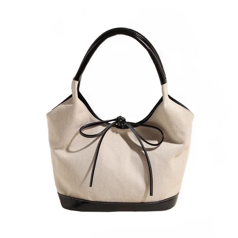 PU hasp Bucket Shoulder Bags 2024 New Sewing Thread Versatile Solid Color Fashion Soft Large Capacity bow Women's Handbags