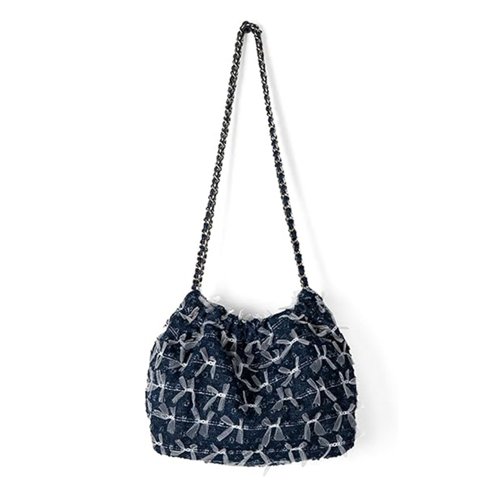 Women Denim Bucket Bag Pleated Crossbody Bag with Chain Shoulder Bag Hobo Bag for Work Travel