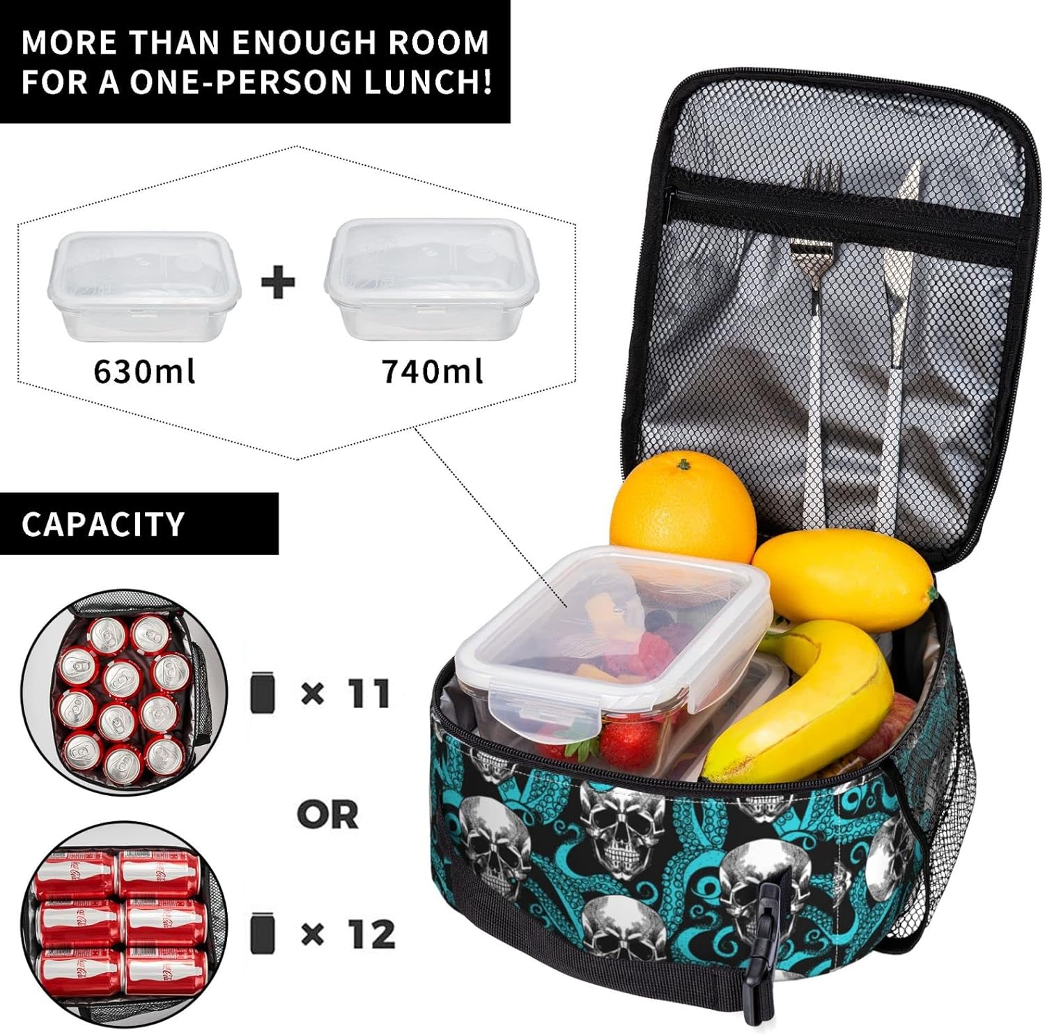 Octopus Sugar Funny Skull Halloween Insulated Lunch Box For Women Man, Portable Lunch Bag Reusable Cooler Tote For Office