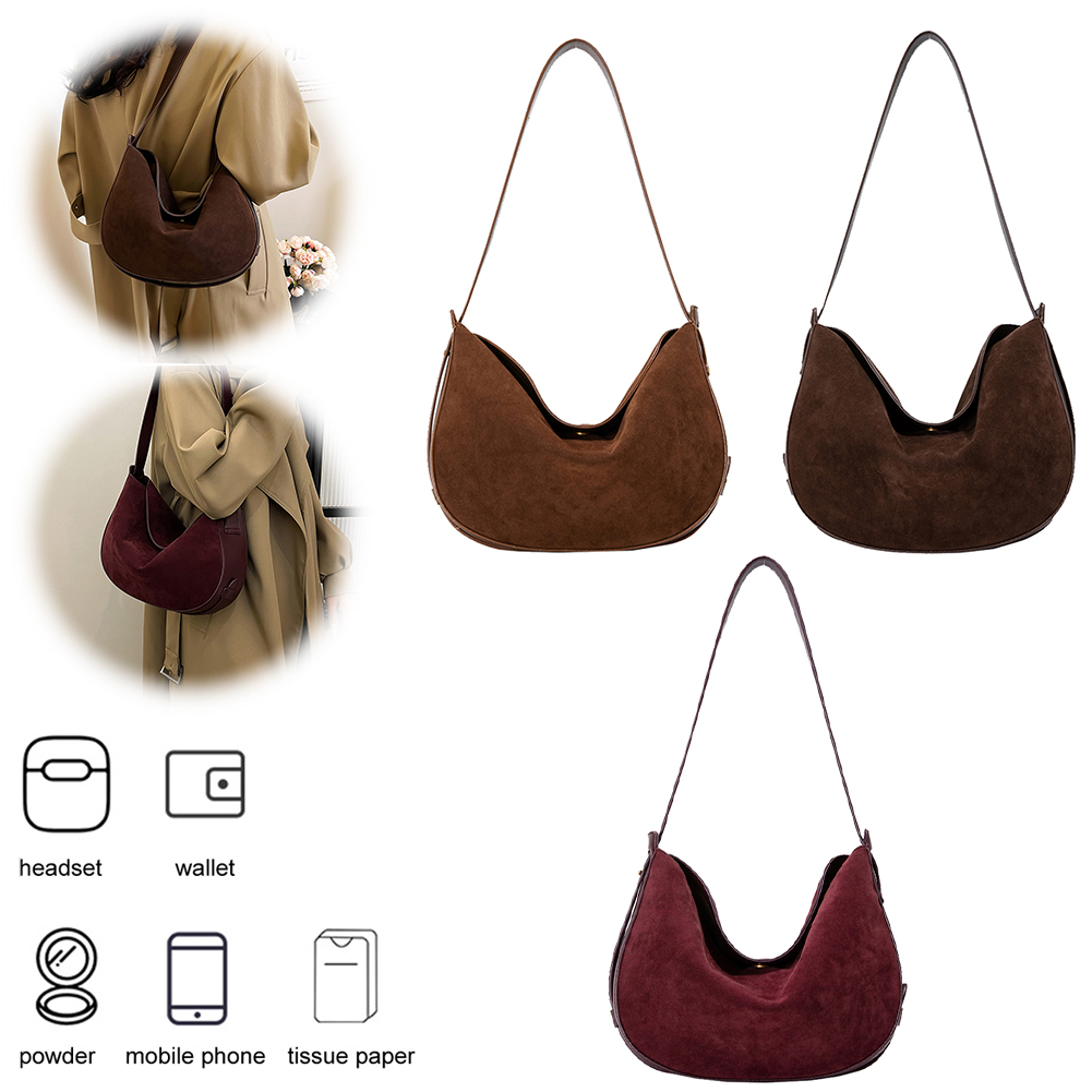 Women Suede Crescent Bag Solid Handbag Magnetic Closure Crossbody Bag Retro Hobo Bag for Work Travel Shopping