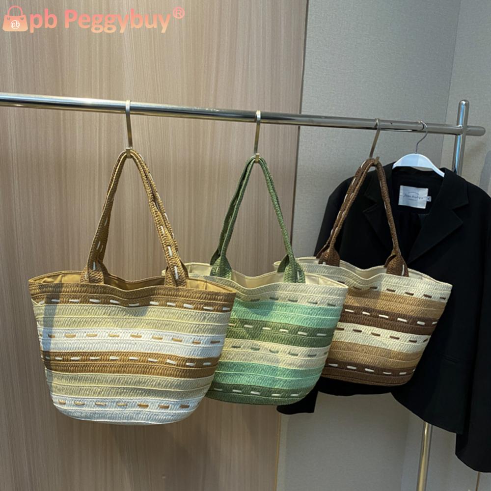 Lady Summer Top-Handle Bags Fashion Handmade Simple Large Capacity Hand-Woven Handbags Contrast Color Casual Tote Purses
