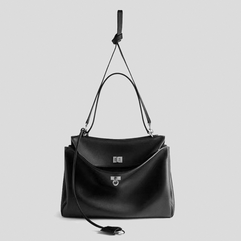 Large Black Genuine Leather Handbag hot - Gold Hardware Commuter Tote