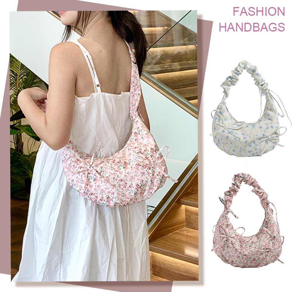 Shoulder Bag for Women Floral Crescent Bag Cloth Bowtie Hobo Bag Ruched Clutch Purse for Commuting Travel