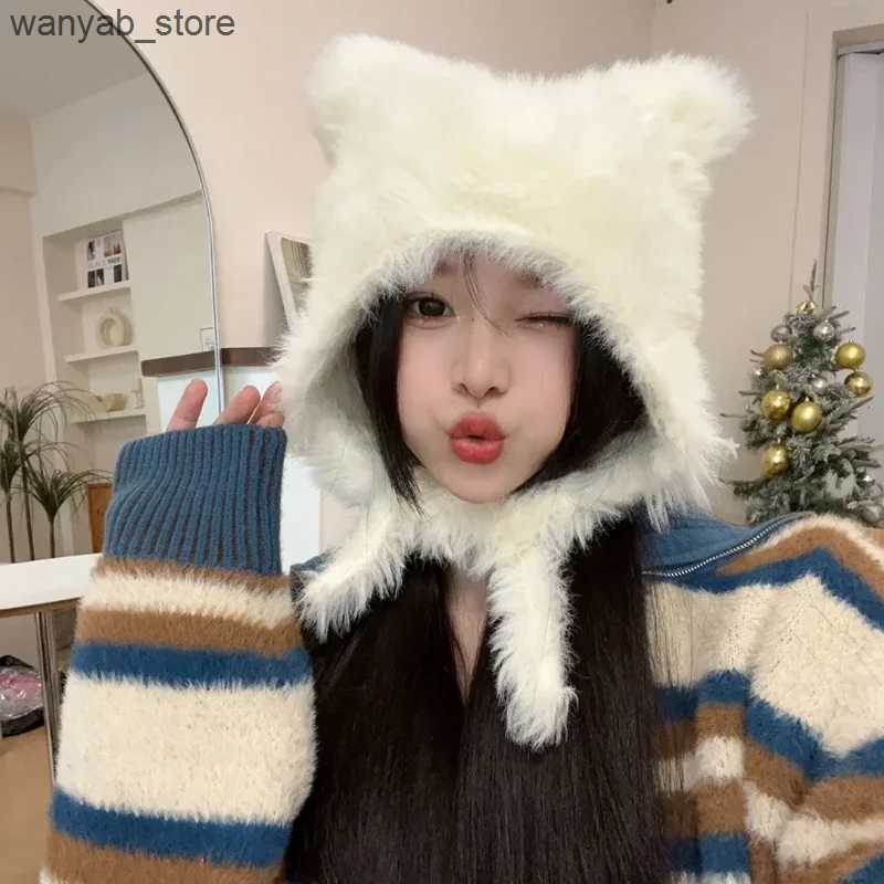 Beanie/Skull Caps Halloween Winter Plush Cute Cat Ears Beanies Women Pullover Hats Korean Ear Protection Strap Beanies Hat with Earflap Y2k Girl L2409