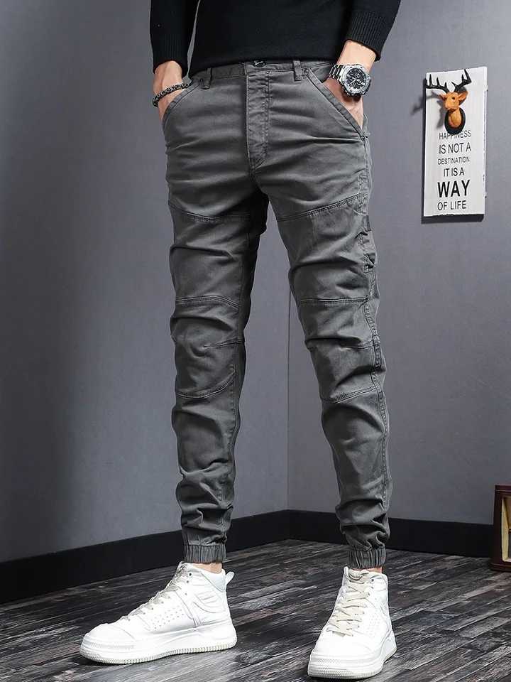Mens Cotton Gray Cargo Pants Autumn Tactical Casual Stretch Slim Fit Trousers LX241107