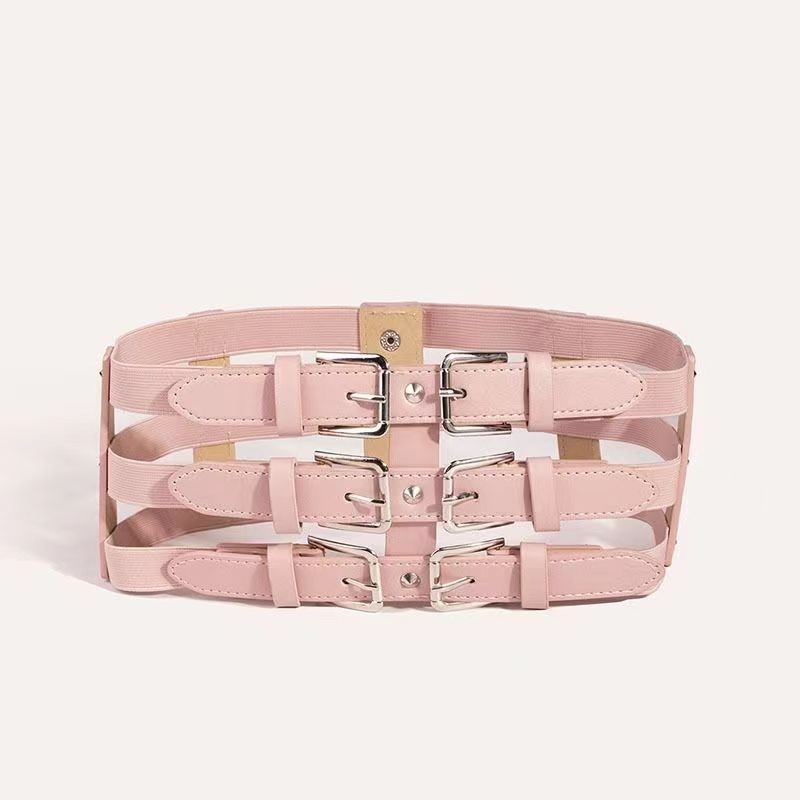 Factory direct wide belt new elastic hollowing girdle fashion versatile three rows of buttons splicing adjustable