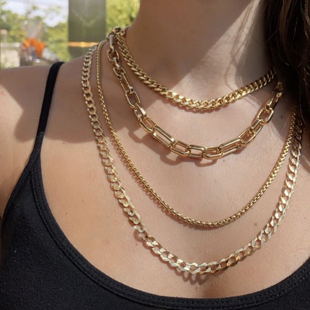 Cross Border New Fashionable Multi-layer Necklace Retro Personality Generous Metal Thick and Thin Chain Necklace Women's Accessories