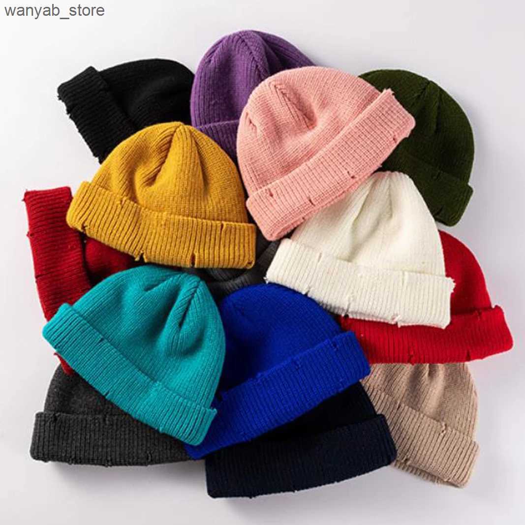 Beanie/Skull Caps Fashion Y2K Knit Short Beanies for Men Women Autumn Winter Hats Solid Color Hip-hop Skullies Caps Unisex Ripped Streetwear L240910