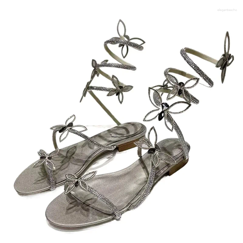 2025 S Fashion Designer Sandals Mesh Butterfly Decor Crystal Flat Woman Sandal Sweet Green Ankle Strap Party Dress Shoe Real Leather Beach Holiday