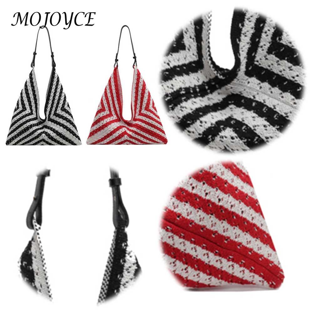 Women Knitted Tote Bag Black and White Summer Beach Bag Geometric with PU Strap Hobo Bag for Travel Vacation Holiday