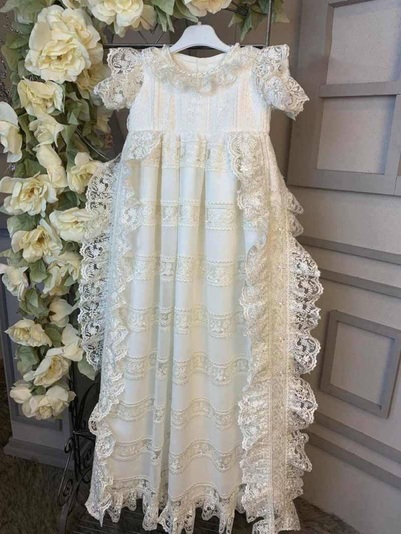 Princess First Communion Gown For Baby O Neck Lace Bow Christening Dresses For Newborns Short Sleeve Appliques Kid Formal Wear Baptism Dress
