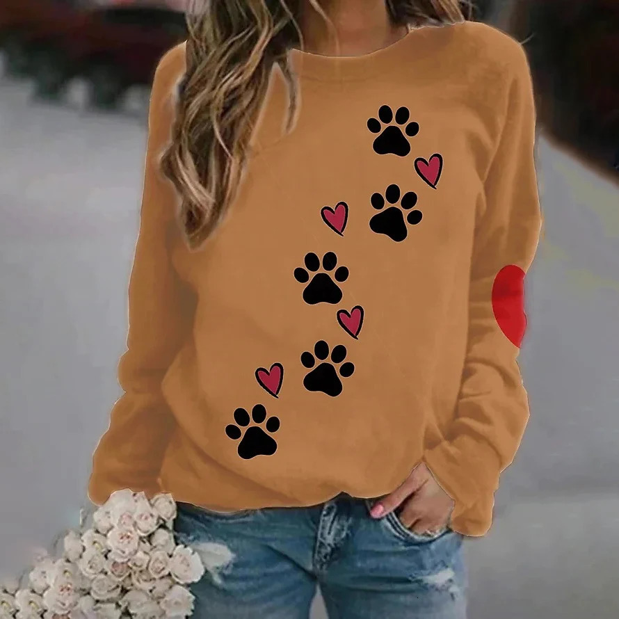 Autumn Long Sleeve T Shirt For Women dog tracks Print Female Oversized Clothing Street Casual Crew Neck Womens Tshirt Pullover 241108