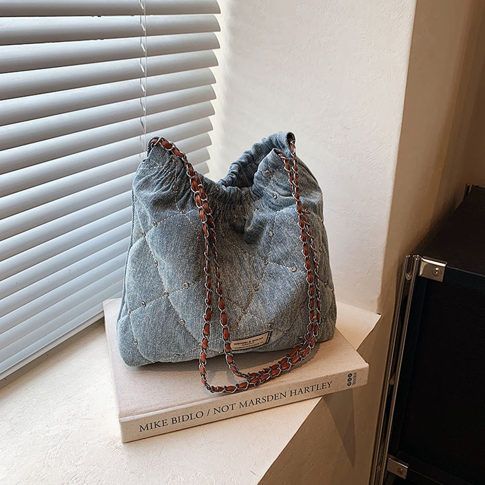Women Rivet Shoulder Bag Large Capacity Denim Bucket Crossbody Bag Luxury Tote Bag Ladies Outdoor Bag