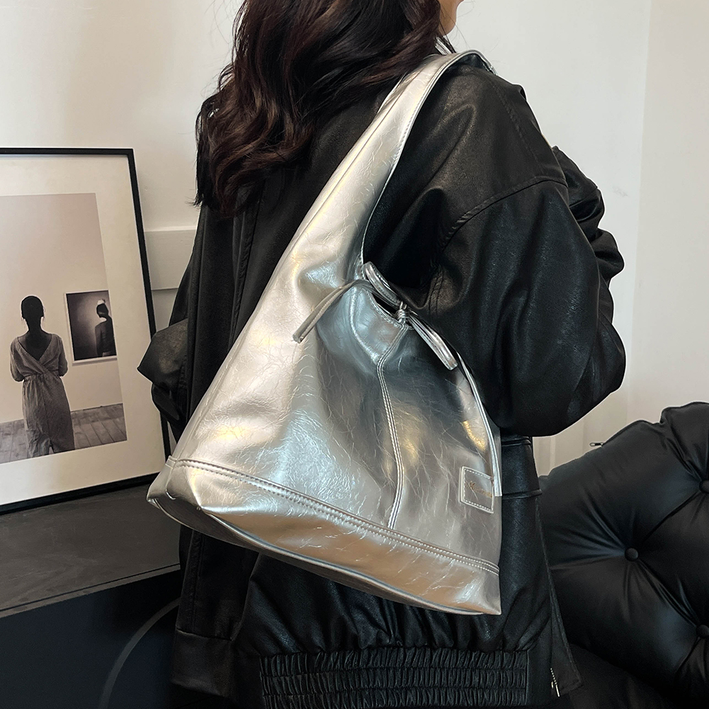 Vintage PU Leather Shoulder Bag Large Capacity Simple Tote Handbag Soft Tote Bag Shopper Commuter Underarm Bag with Small Pouch