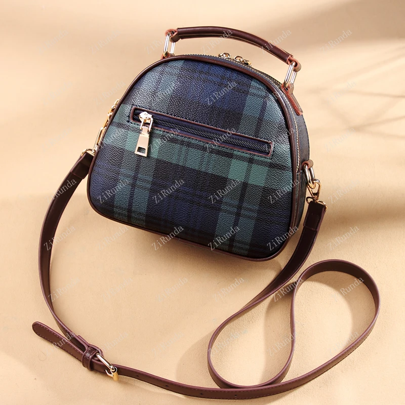 Leather bag women's new versatile fashion handbag plaid small round Korean shoulder messenger bag