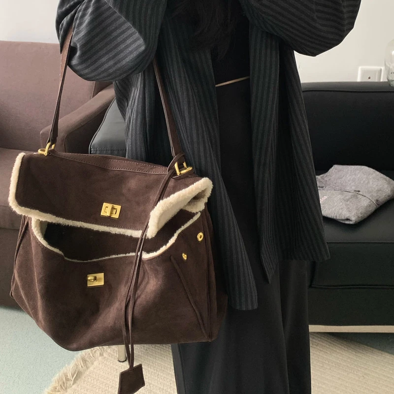 Fashion Suede Design Women's Large Capacity Tote Bag Warm Raw Edge Ladies Shoulder Bag 2024 Winter Vintage Brown Crossbody Bag