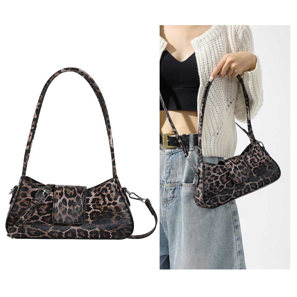 Women Leopard Print PU Leather Underarm Bag Top Handle Handbag Shoulder Bag