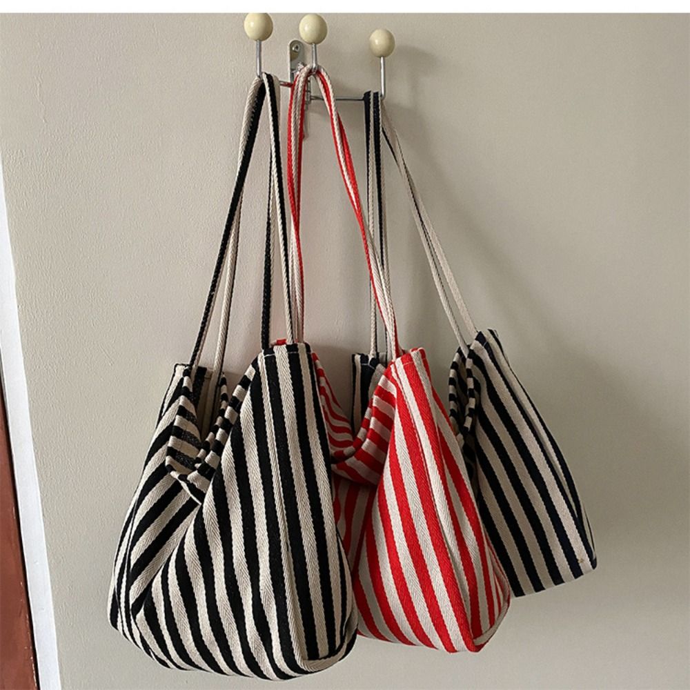 Fashion Retro Vertical Stripe Bag Tote Daily Canvas Shoulder Bag Leisure Simple Commute Handbag Girls