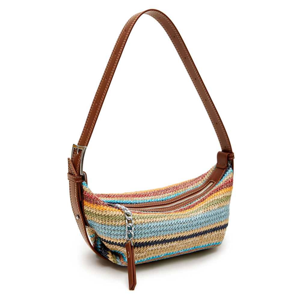 Women Straw Crossbody Bag Adjustable Strap Simple Straw Beach Bag Contrast Color Weaving Satchel Bag Ladies Summer Daily Bag