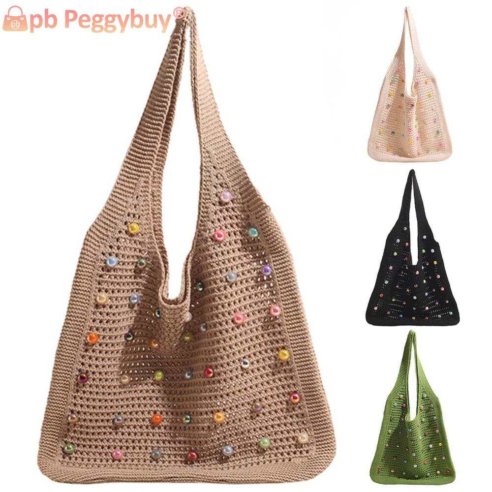 Women Crochet Shoulder Bag Knitted Tote Bag Large Capacity Fashion Tote Handbags with Colorful Pearls Outdoor Travel Bag