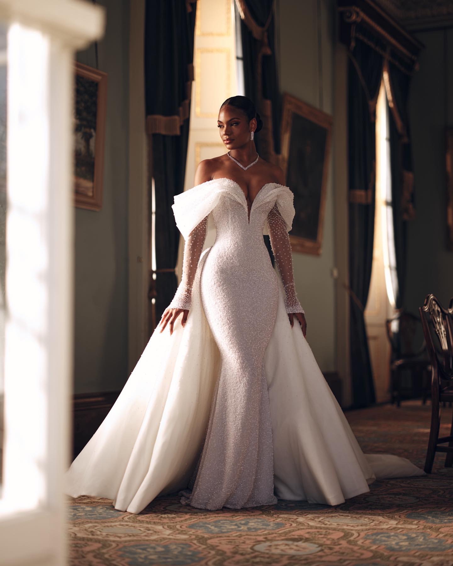 Beaded Mermaid Wedding Dress with Off-Shoulder Sleeves & Sweep Train - 2025 Bridal Gown