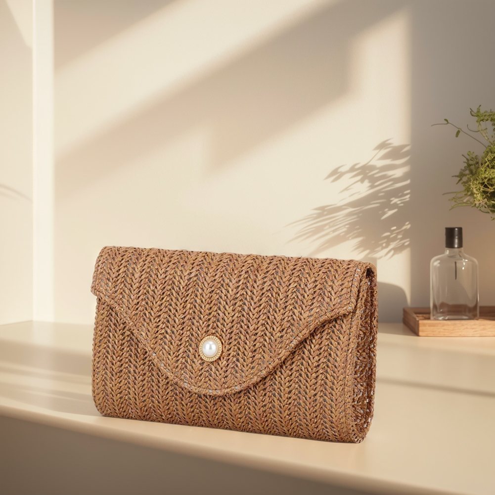 Women Straw Woven Bag Woven Envelope Shoulder Bag Chain Strap Stylish Crossbody Bag Pearl Decor Chic Hobo Bag Party Vacation Bag