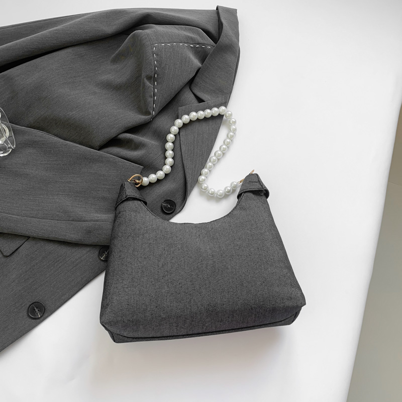 Denim Shoulder Bag Bowknot Women Crescent Bag Pearl Decor Chain Strap Tote Purse for Work Travel