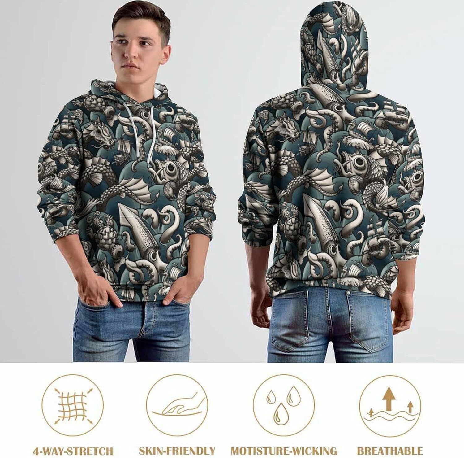 Hoodie for Mens Womens Sea Monsters Hoodies for Men 3D Print Pullover Hooded Drawstring Loose Sweatshirt with Big Pockets Graphic