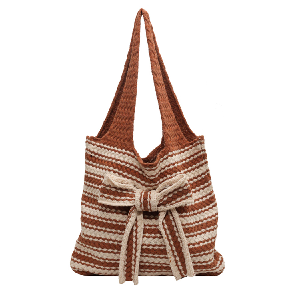 Women Crochet Tote Bag Contrast Color Aesthetic Shoulder Bag Large Capacity Knitted Tote Handbag Woven Bag for Female