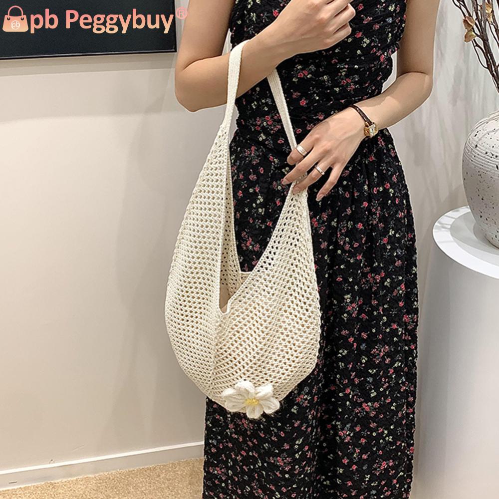 Women Crochet Shoulder Bag Mesh Summer Beach Bag Solid Hobo Bag Large Capacity for Vacation Travel Shopping