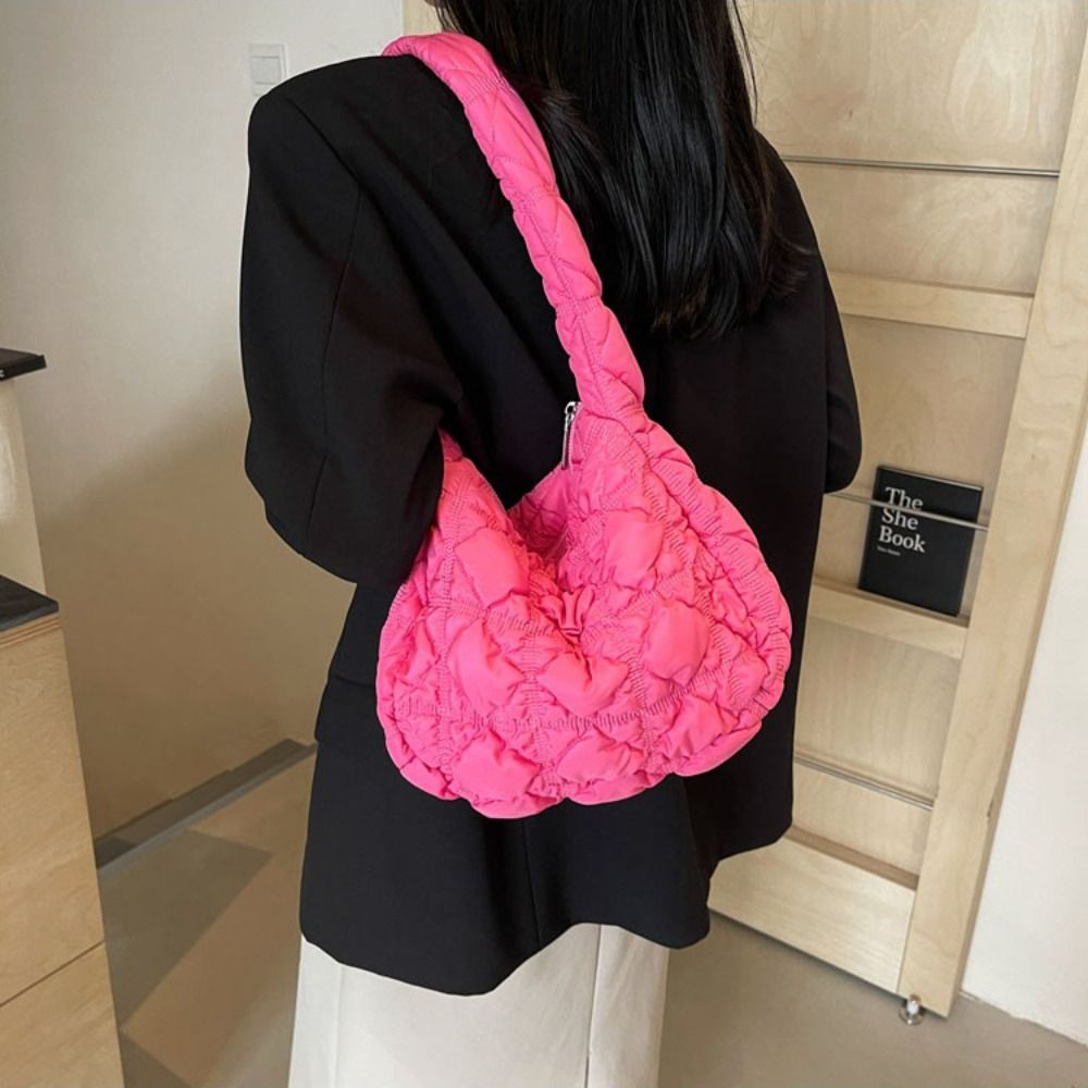 Casual Korean Style Space Cotton Shoulder Bag Plaid Solid Color Rhombus Plaid Handbag Banquet Bubble Cloud Bag Girls