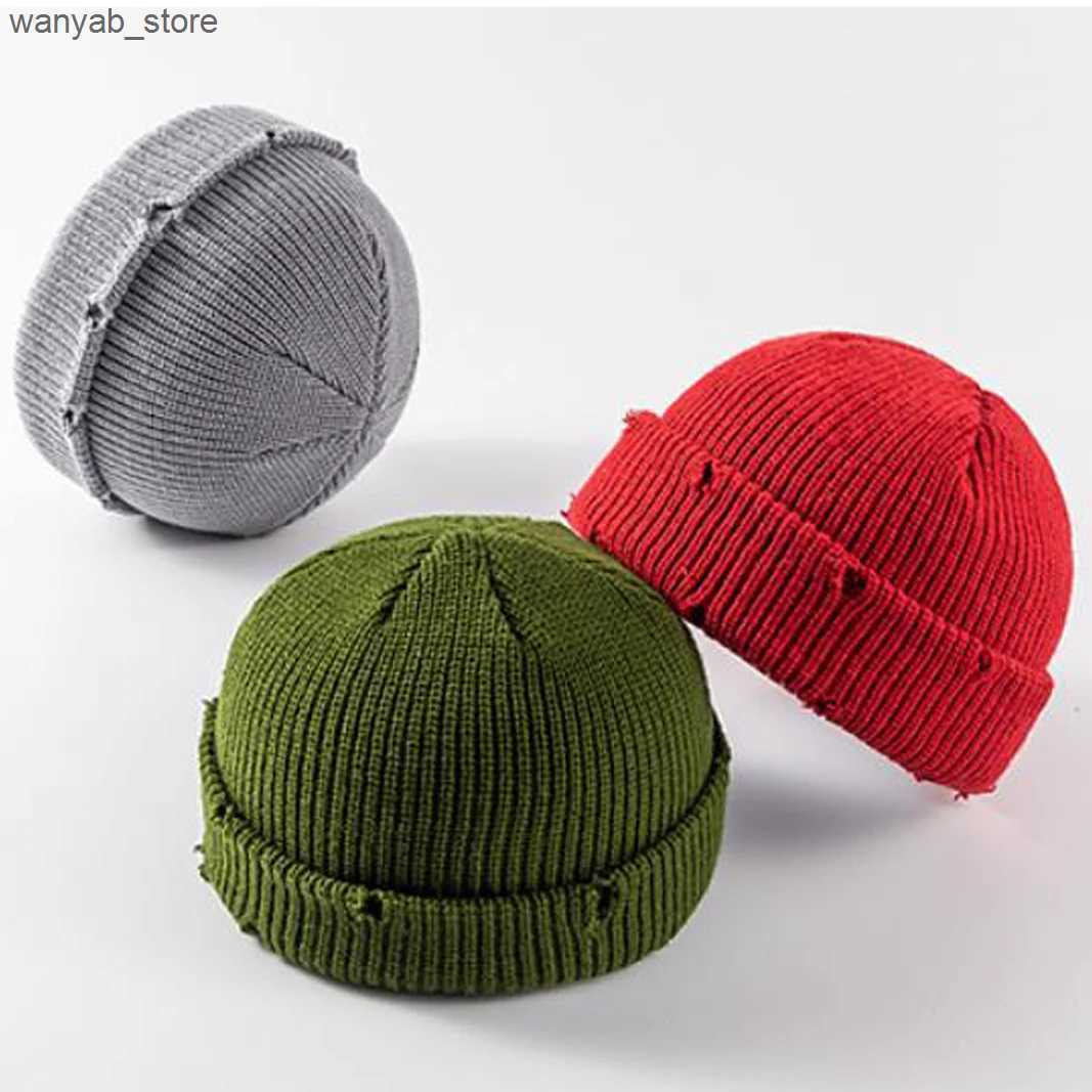 Beanie/Skull Caps Fashion Y2K Knit Short Beanies for Men Women Autumn Winter Hats Solid Color Hip-hop Skullies Caps Unisex Ripped Streetwear L240910