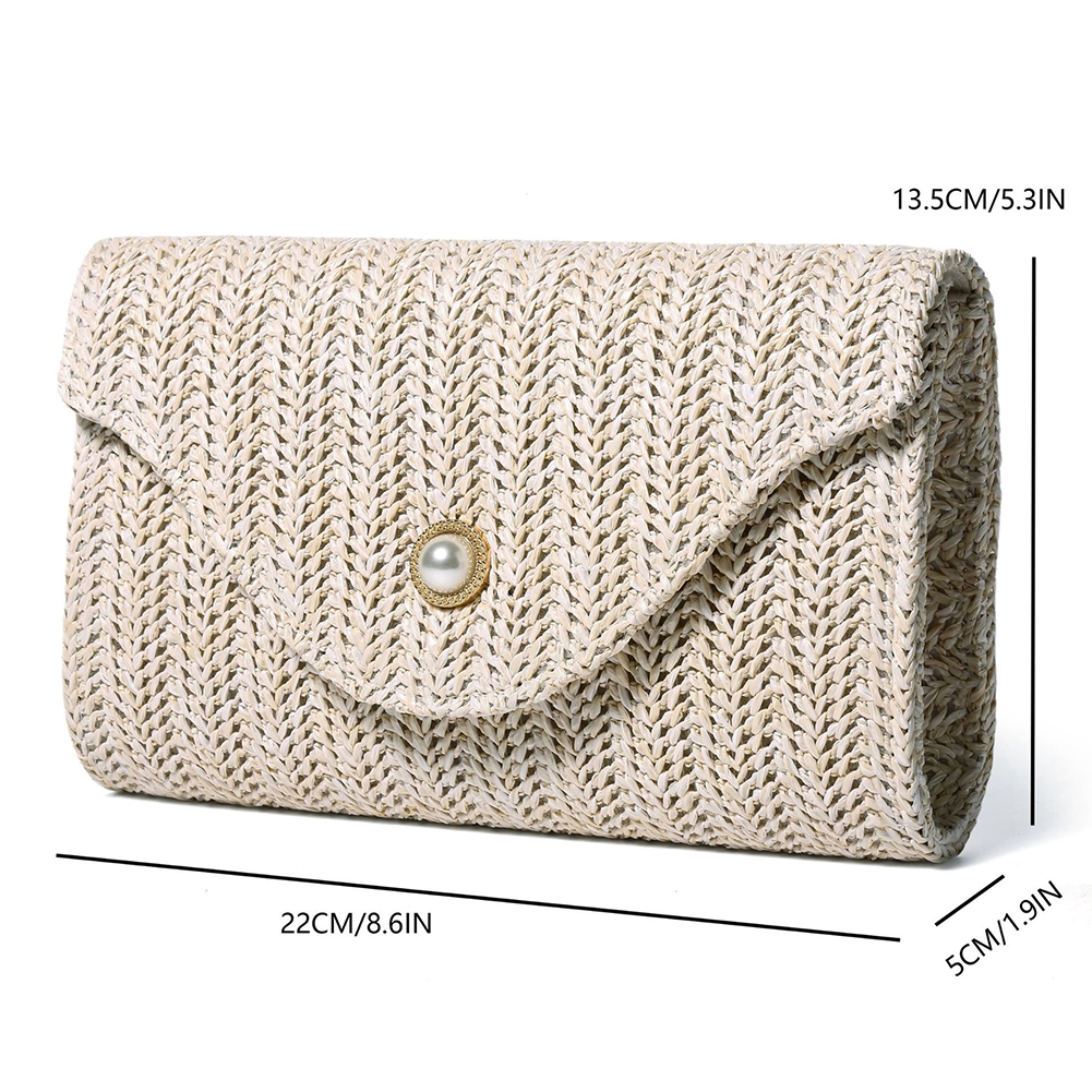 Women Straw Woven Bag Woven Envelope Shoulder Bag Chain Strap Stylish Crossbody Bag Pearl Decor Chic Hobo Bag Party Vacation Bag