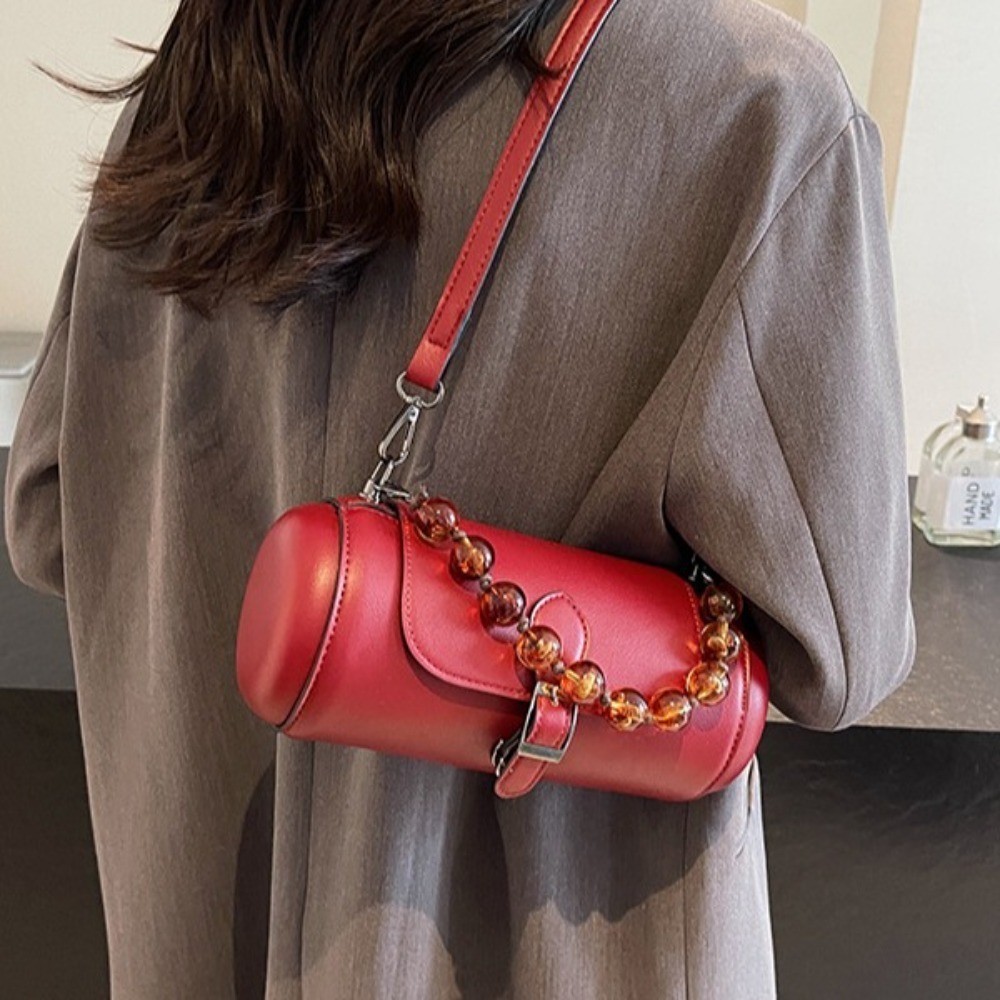 Vintage Zipper Boston Handbag Round Beaded Chain Retro Saddle Large Capacity Barrel Shape Cylinder Crossbody Bag Outdoor