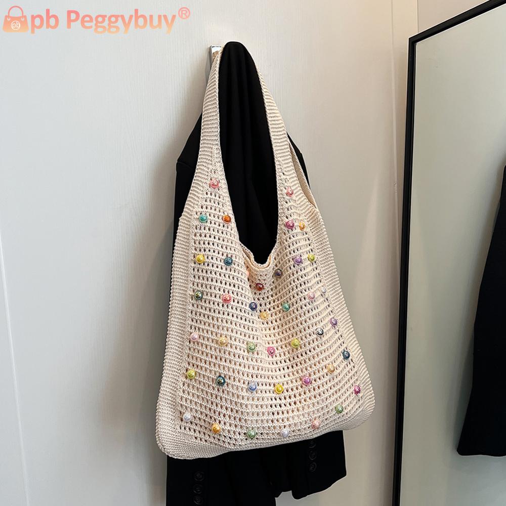 Women Crochet Shoulder Bag Knitted Tote Bag Large Capacity Fashion Tote Handbags with Colorful Pearls Outdoor Travel Bag