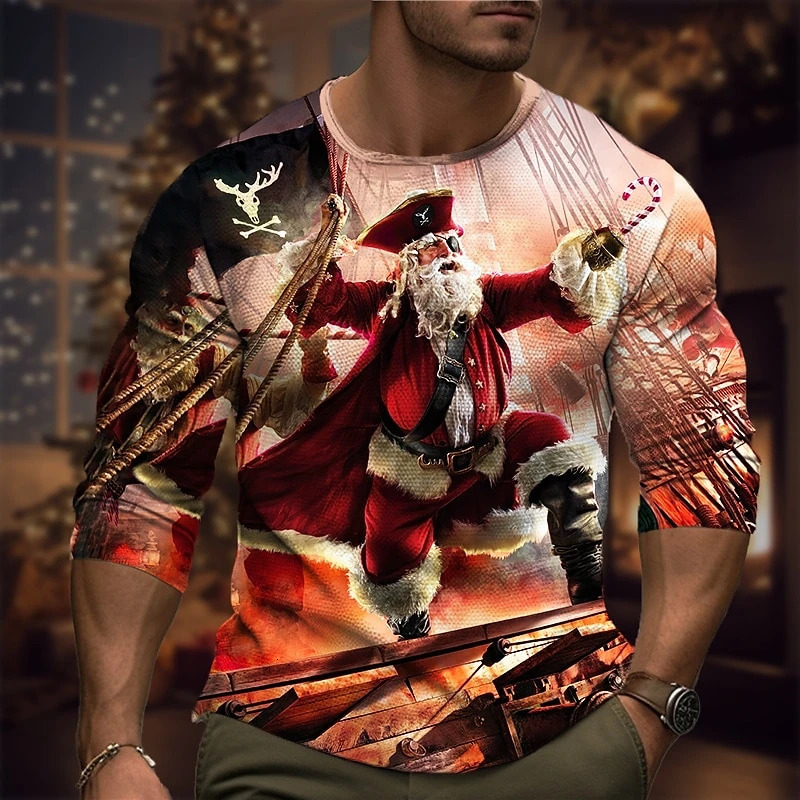 Interesting pirate Santa Claus graphic T-shirt fashion trend mens 3D printed Christmas long sleeved T-shirt personalized loose T-shirt 241108