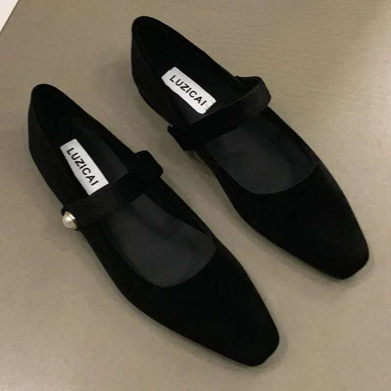 Suede Flats Loafers Women Marie Janes Spring Shoes 2025 Square Toe Ballet Dance Shoes Fashion Luxury Dress Zapatillas De Mujer