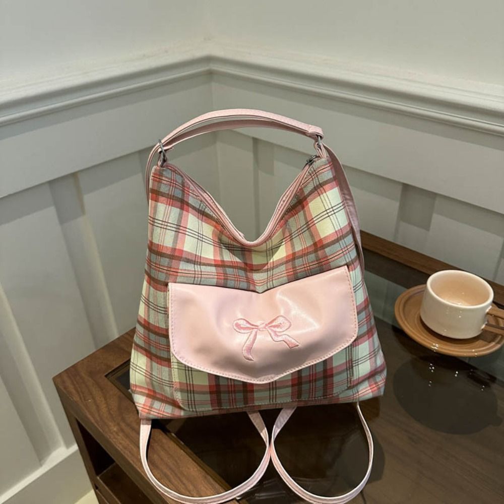 Fashion Korean Style Bowknot Shoulder Bag Sweet Large Capacity Lattice Tote Bag Elegant Adjustable Strap Student Backpack Female