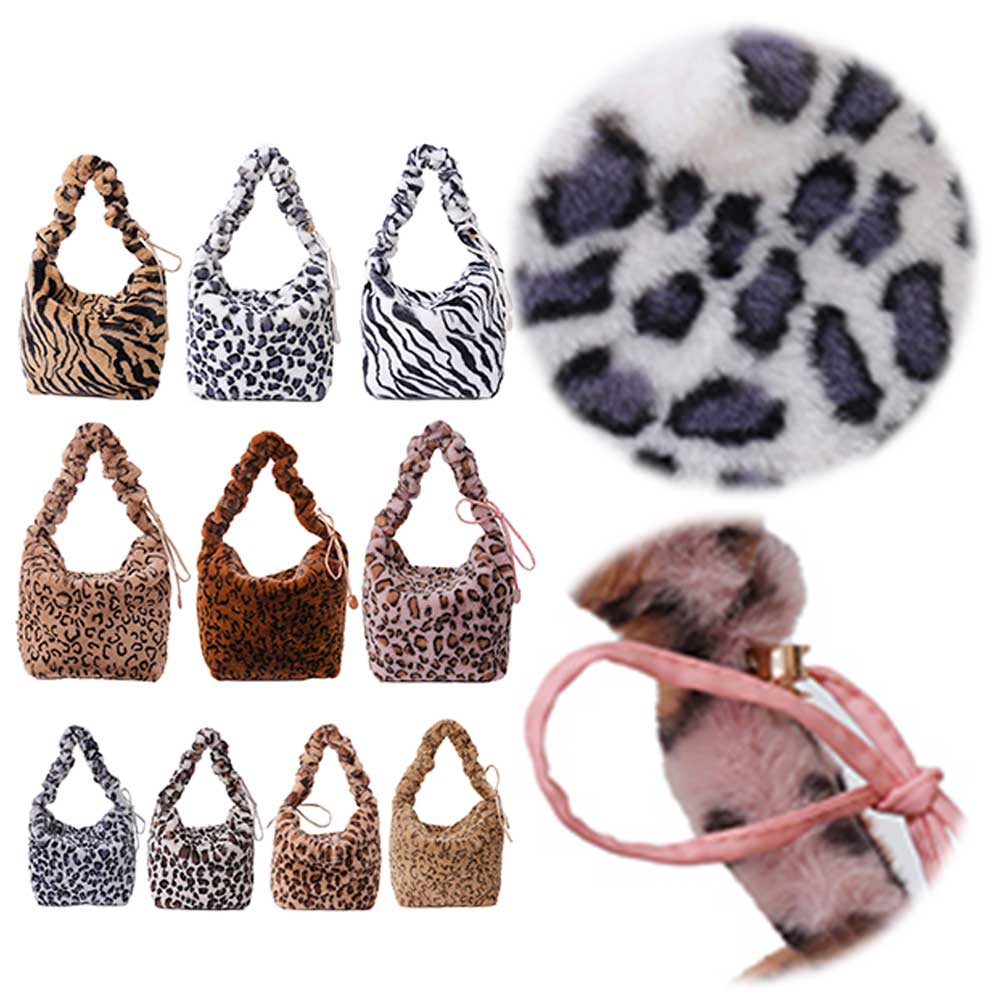 Women Plush Soft Tote Bag Drawstring Strap Leopard Print Fashion Shoulder Bag Large Capacity Chic Hobo Bag Outdoor Travel Bag