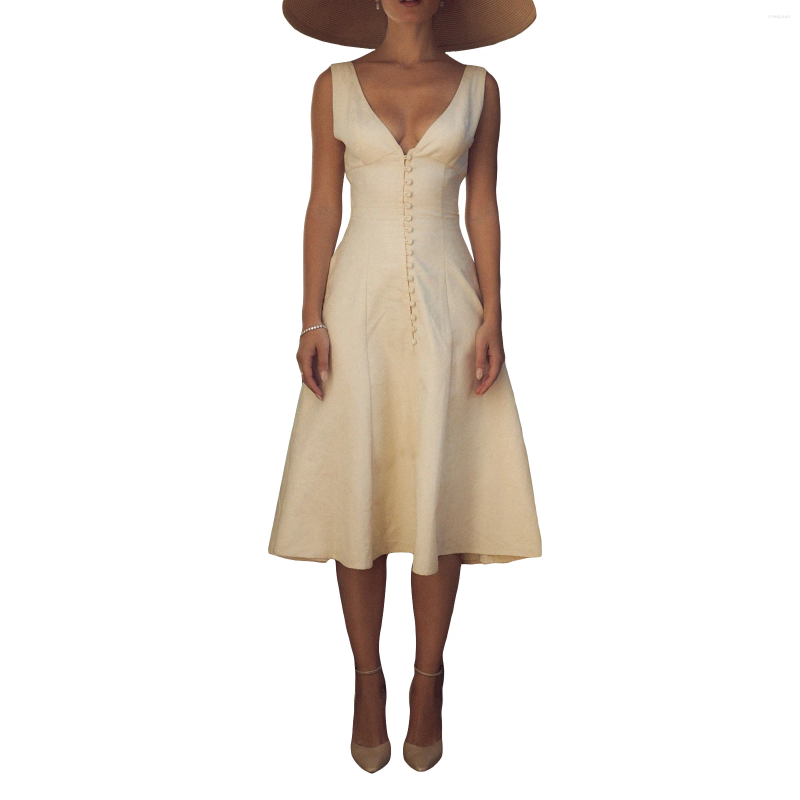 Casual Dresses Women V Neck Tank Dress Backless Sleeveless Button Front Long Elegant Low Cut Maxi Y2k Party Streetwear